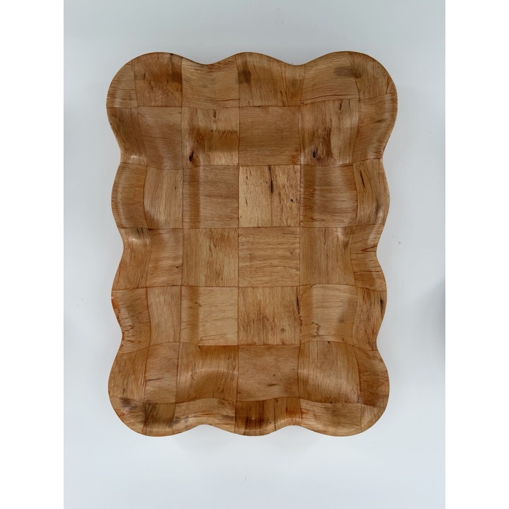 Woven Wood Serving Tray 13" Vintage Parquet Scalloped Checkerboard Bamboo MCM